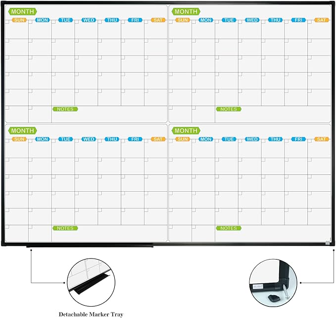 JILoffice Magnetic Dry Erase Calendar Whiteboard, 4 Month White Board Planner 48 X 36 Inch, Black Aluminum Frame Wall Mounted Board for Office Home and School