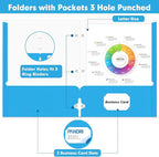 Two Pocket Portfolio Folders, PANDRI 60 Pack 3 Hole Punched 2 Pocket Folders for 3 Ring Binder, Letter Size Paper File Folder for School Office Home Business, Lightblue