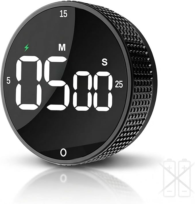 Rechargeable Magnetic Kitchen Timer, LED Countdown/Count-Up Timer, Supports USB-C Charging, with Loud Alarm, 3 Preset Quick Times (5/15/25m), Perfect for Kitchen Cooking, Studying, and Fitness