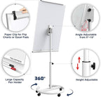 TSJ OFFICE Rolling Whiteboard Standing - 40 x 26 Inches Magnetic Mobile White Board with Stand, Height Adjustable Dry Erase Board on Wheels with Paper Clamp on Top, White