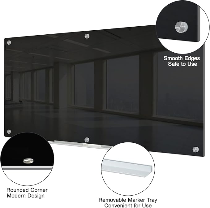 J&J worldwide Black Glass Whiteboard Magnetic Dry Erase Board 6' x 3', Large Frameless Glass White Board Wall Mounting for Office, Home, School, Includes Magnets, Marker Tray, Eraser