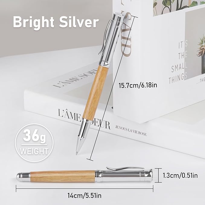 WEMATE Luxury Rollerball Pen Set, Extra 2 Ink Refills(1 Black & 1 Blue), Fancy Writing Pen Nice Office Gift for Men, Professional, Executive, Cool Wooden Pen for Journaling - Oak