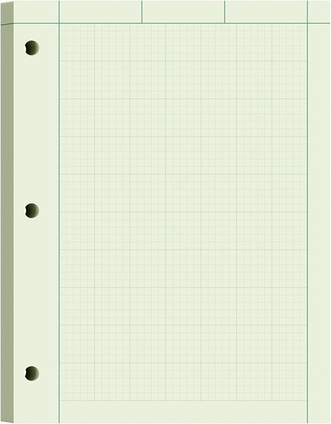 Engineering Paper 8.5 x 11, 100 Sheets Top Glue Binding Engineering Notebook, 5x5 Quad Ruled Graph Paper, 3-Hole Punched Engineering Computation Pad 8.5 x 11, Green Tint Engineering Paper Notebook