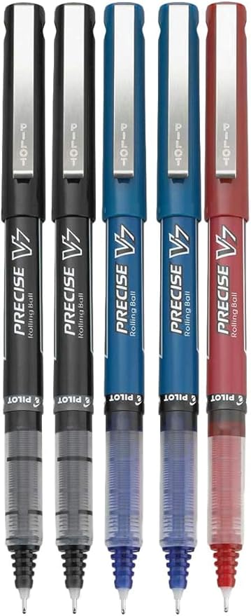 Precise V7 Stick Rolling Ball Pens, Fine Point (.7mm), Assorted Colors Black/Blue/Red Ink, 5-pk; Bundle with Plastic Reusable Pouch