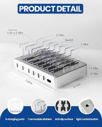6-Port USB Charging Station with 6 Included Cables, Fast Charging Hub for iPhone Android Cell Phone, Tablet, Smartwatch - Multi Port Desktop Organizer (Silver)