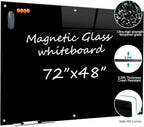 Black Glass Dry Erase Board - 72"X48" Magnetic Blackboard Large Frameless Whiteboard Clear Glass Wlack Boards with Super Strong Magnets, Wall Mounted for Office, School and Home