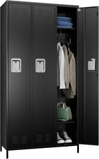 SUPEER 3 Doors Metal Lockers for Employees with Lock, Metal Locker with 9 Hooks for School Garage Office Gym Home,Assembly Required,Black
