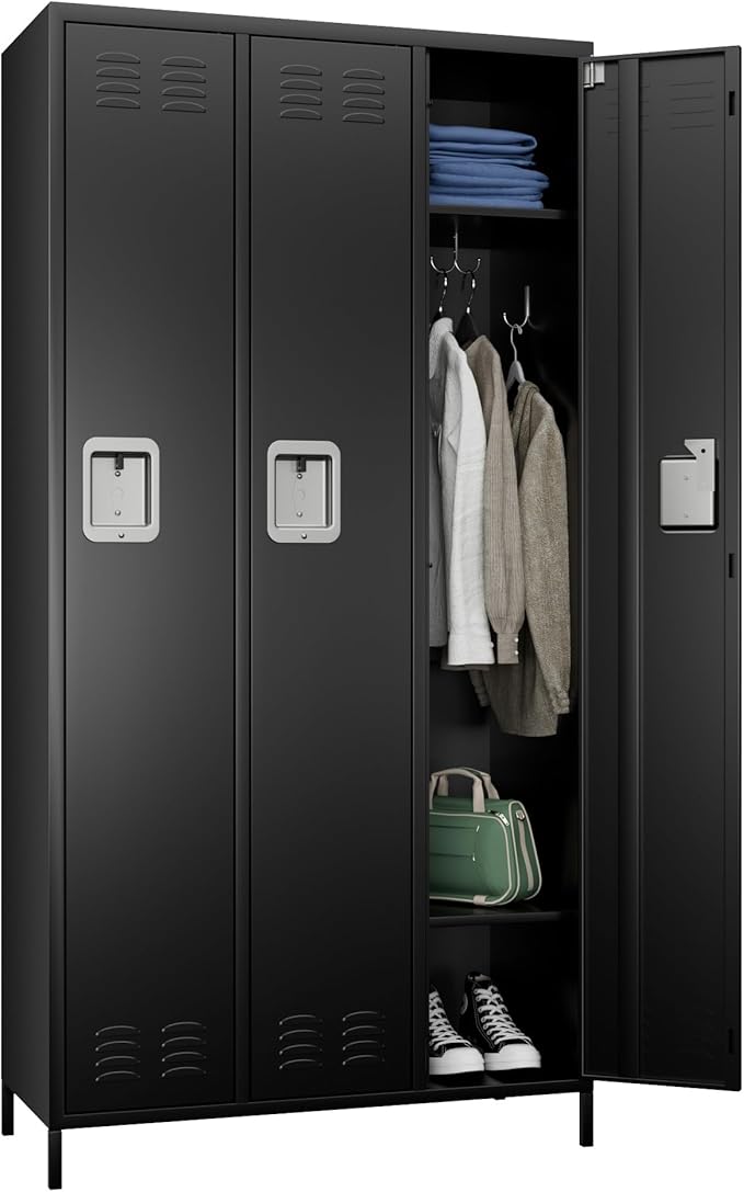 3 Doors Metal Lockers for Employees with Lock, Metal Locker with 9 Hooks for School Garage Office Gym Home,Assembly Required,Black
