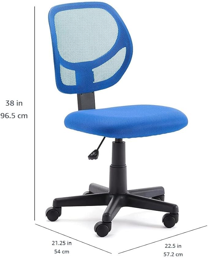 Amazon Basics Rolling Desk Chair, Adjustable, Low Back, Padded Seat, Breathable Mesh, Swivel, Blue, 21.25" D x 22.5" W x 38" H