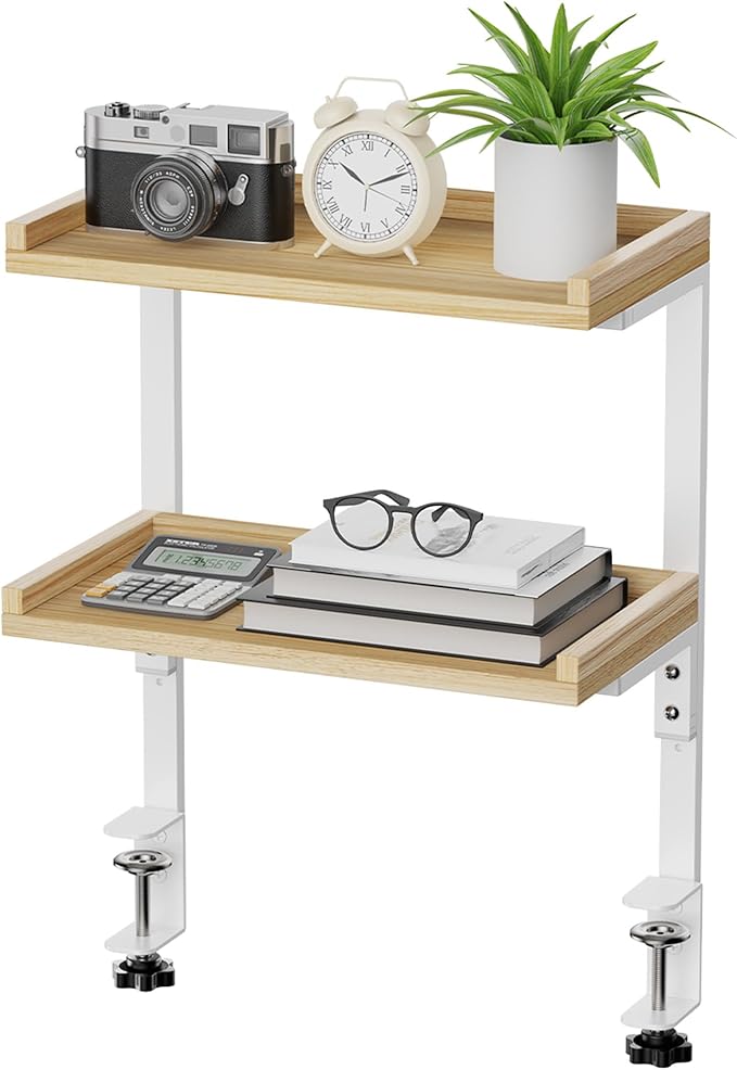 ART-GIFTREE Clamp On Desk Shelf 2-Tier, 12.5 inch Wood Shelving Unit for Office Desk/Gaming Accessories, Tabletop Book Storage Rack, Shelf for Top & Under of Desk, Natural