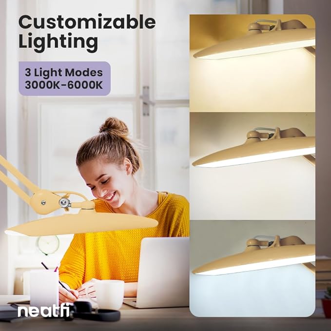 Neatfi XL 2,200 Lumens LED Task Lamp, 20W, 182 Pcs SMD LED, Dimmable, 4 Level Brightness, 3 Light Modes, Desk Light for Home, Office, Workbench (CCT, Gold)
