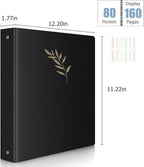Uquelic 80-Pocket Binder with Plastic Sleeves for Letter/A4 Size(11" x 8.5"), Golden Leaf Printed Cover, Document Binder Organizer for Papers, Certificates and Artwork with Rainbow PP Divider Pages