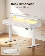 OffiGo Electric Standing Desk with 3 Wooden Drawers, 48 Inch Height Adjustable Desk with Power Outlets & LED Lights, White Sit Stand Table with Monitor Stand for Home, Office, Workstation