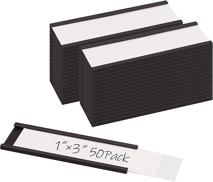 Realth C Channel Magnetic Label Holders 50 Pack 1'' x 3'' with Paper Inserts and Clear Plastic Protectors, Magnetic Data Card Holders File Cabinet Labels for Metal Racks and Shelves