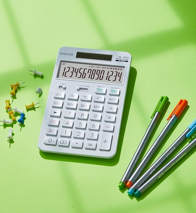 14 Digits Desktop White Calculator with a Bright LCD, Dual Power Handheld Desktop. Color. Business, Office, High School