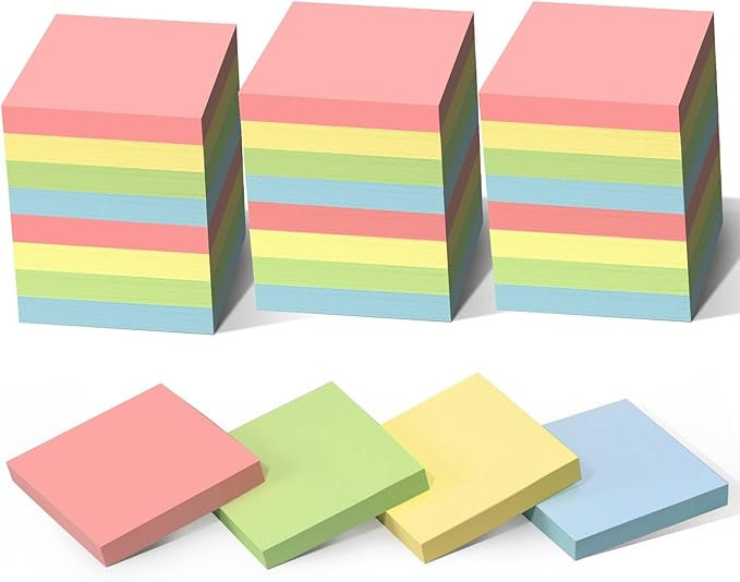 HappyHapi Sticky Notes 3x3 Inch 2800 Sheets, 28 Pack 100 Sheets/Pad, 4 Soft Colors (Yellow, Green, Pink, Blue) Light Colored Self-Stick Pads, Bulk Office Supplies for Work, School & Home