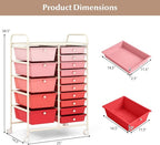 DORTALA 15-Drawer Rolling Storage Cart with Drawers, Rolling Utility Cart w/Removable Drawers & Universal Wheels, Tools Scrapbook Paper Organizer for School, Office, Home, Classroom (Gradient Pink)