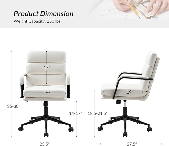 HULALA HOME Modern Faux Leather Home Office Chair with Tilt Lock & Metal Base, Desk Chair with Wheels & Padded Cushion, 360° Swivel Wide Seat Computer Task Chair, White