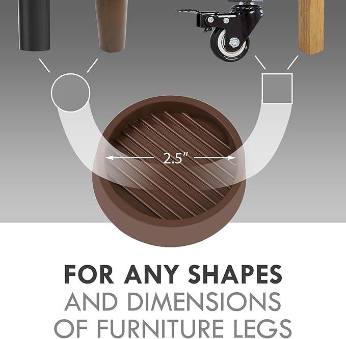 Non Slip Furniture Pads, 2.5” Round Rubber Caster Cups, Anti-Slip Gripper, Anti Slide Furniture Feet Floor Protectors for Bed Couch Stoppers - Brown, 4 Pack