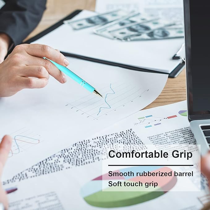 Ballpoint Pen with Stylus Tip, Soft Touch Click Metal Pen, 1.0mm Medium Point, Black Ink, 12 Count(Light Blue)