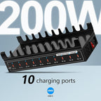 200W Charging Station,Charger with 10 USB C Ports, Stations for MacBook, iPhone, Android Cell Phone, iPad, Tablet, Family Multi-Device Organizer Charging Dock