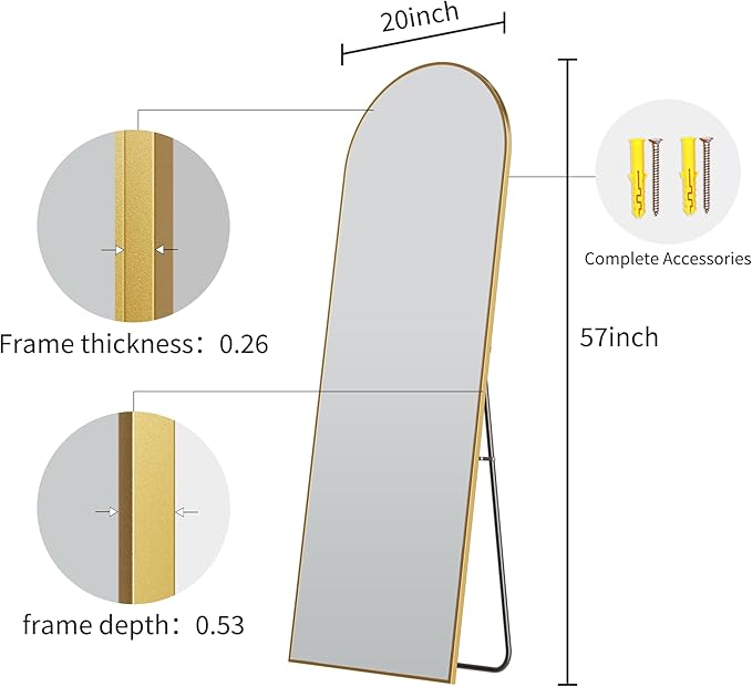 57" x 20" Arched Full Length Mirror - Wall Mounted/Floor Mirror Aluminum Alloy Frame Full Body Mirrors for Bathroom Living Room Bedroom and Entryway,Gold
