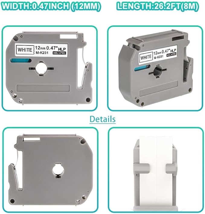 4 x Label Maker Tape Replacement for Brother P Touch M Tape M-K231 M-K231s MK231 MK-231 M231 12mm 0.47 White, Compatible with Brother P Touch PT-M95,PT-90,PT-70,PT-65,PT-85 Label Maker Refills,26.2 Ft