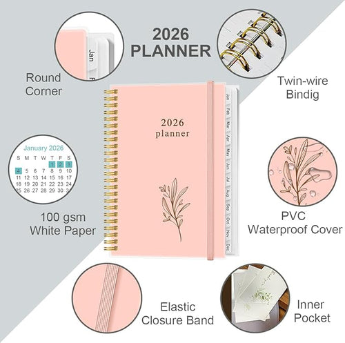 2026 Planner - Planner 2026 from January 2026 to December 2026, Weekly & Monthly Planners Spiral Bound with 12 Monthly Tabs, Inner Pocket, 6.4" x 8.5", Pink