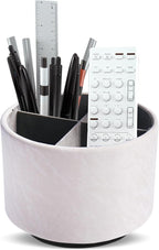 Hennaja Round Leather Art Supply Organizer,Remote Control Holder,360 Degree Spinning,Multi-Functional Pencil Holder,4 Compartments Desktop Stationary Organizer(1-Hill White)