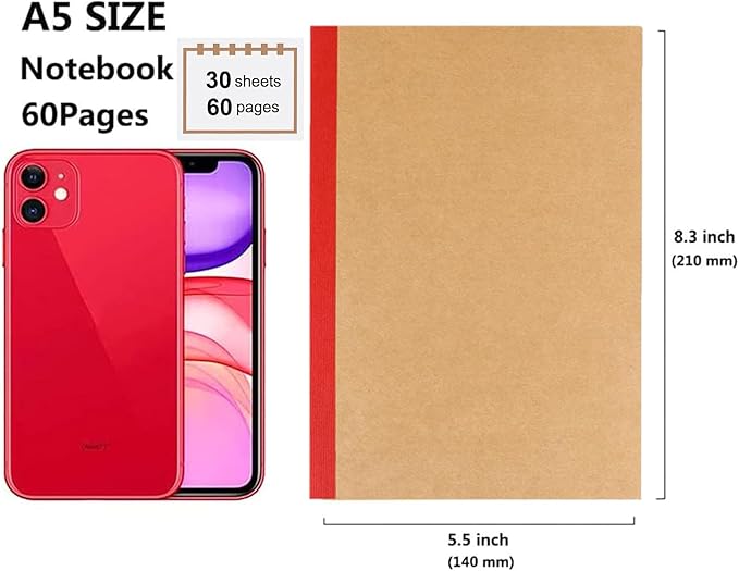 Zegrox A5 Blank Notebook Bulk,48 pack Kraft Cover Blank Sketch Book Pad Travel Journals with Pastel Color Spine for Students Office, 60 Pages, 8.3”x 5.5”