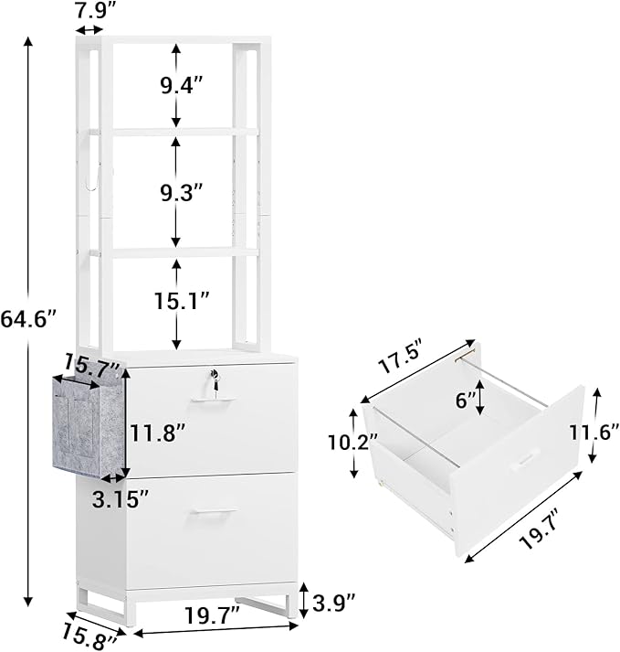 Itaar 2 Drawer File Cabinet, Filing Cabinet with Lock fits Letter, Legal, A4 Size, File Cabinets for Home Office with Storage Bag, Open Shelf and Hook, White