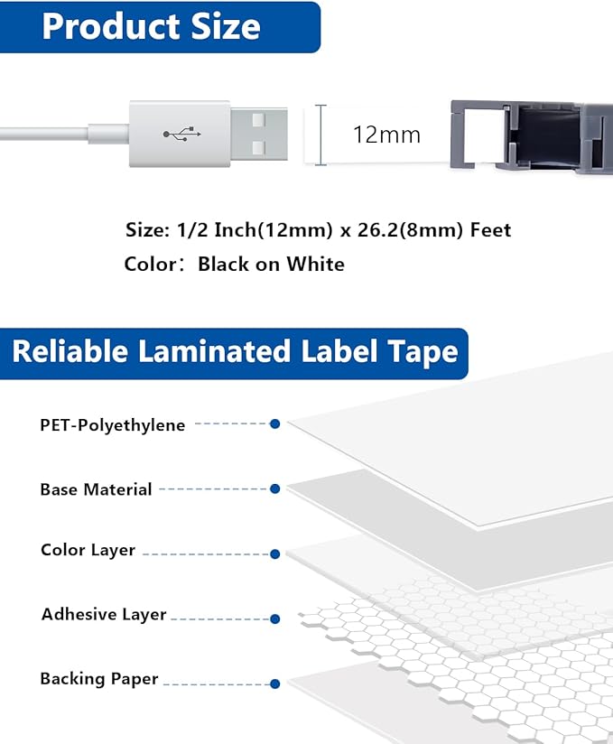 50-Pack TZe TZ Tape 12mm 0.47 Inch Laminated Black on White 1/2" Compatible for P Touch Label Tape Refills for Ptouch PT-P710BT H110 D210 D220 D400 D600 PTH110 Label Maker