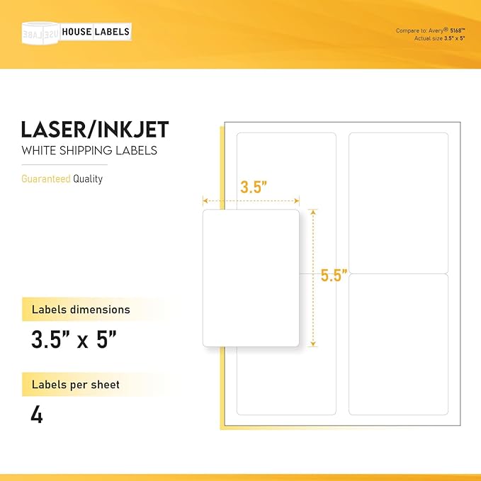 HOUSELABELS 4-up Shipping Labels (3-1/2" x 5") for Laser and Inkjet Printers, 800 Sheets