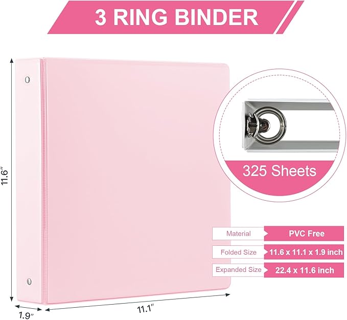 1.5-inch 3 Ring Binder with 2 Pockets, Premium 1.5'' Binders Holds US Letter Size 8.5'' x 11'' Paper - Versatile Binders for Office, Home, and School Use, 6 Pack (1.5-inch Pink)