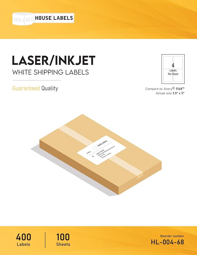 HOUSELABELS 4-up Shipping Labels (3-1/2" x 5") for Laser and Inkjet Printers, 2,000 Sheets