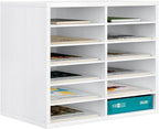 PAG Countertop Mail Sorter Organizer, Wooden Literature Organizer, Student Mailbox for Classroom, Desktop Bill Organizer for Office Home School, 12 Compartments, White