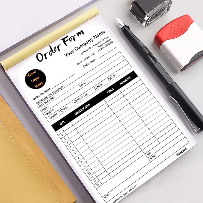 Custom Carbonless Sales Invoice Form Books for Small Business, Personalized NCR 2-Part Receipt Book with Carbon Copies, Cover Add Company Name, Address and Number Printed