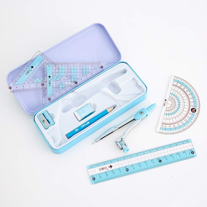 8 Pcs Compass/Math Set for Students with Shatterproof Storage Box, Geometry Set for School, Includes Ruler, Protractor, Compass, Pencil,Pencil Sharpener and Eraser,etc. Perfect Gift