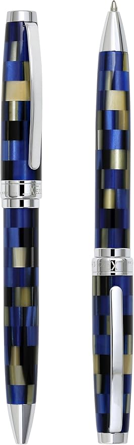 Xezo Urbanite Ballpoint Pen, Medium Point. Retro Blue, Black, and Cream Checkered Acrylic on Brass and Aluminium. Chrome Plated. Limited Edition and Serialized. No Two Alike