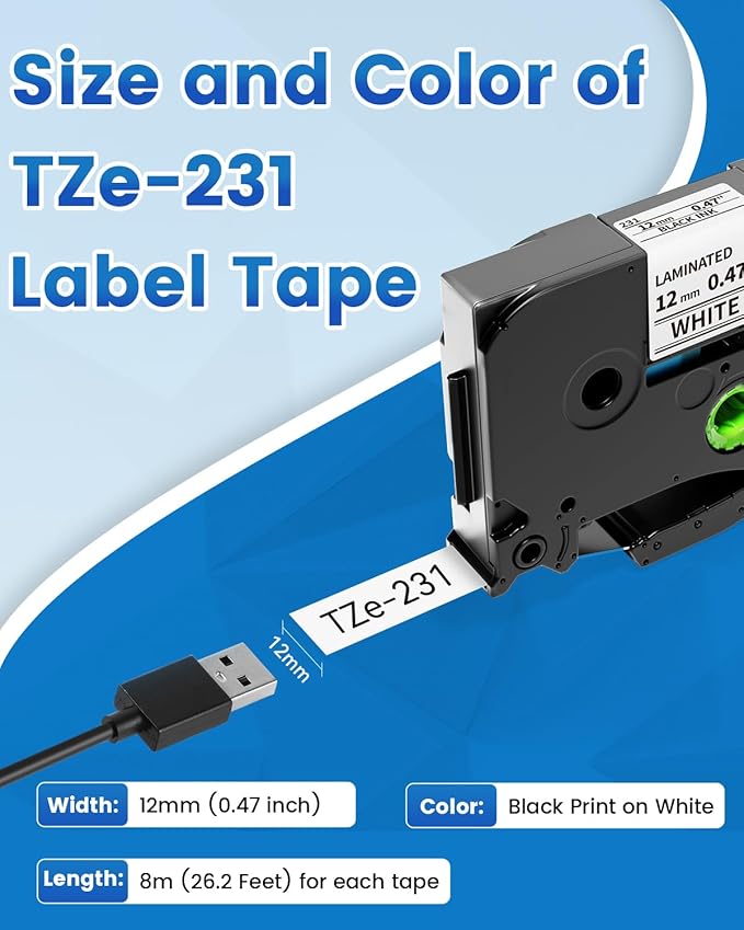 4-Pack TZe TZ Tape 12mm 0.47 Laminated White TZe-231 Replace for Brother P Touch Label Tape TZe231 for Brother Label Maker Tape PT-D210 PT-D220 PT-H110 PT-D610BT PT-D600 PT-D410 PT-D400 PT-H111 PTD200