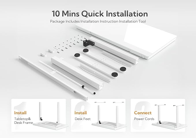 Claiks Glass Standing Desk with Drawers, 55 Inch Adjustable Stand Up Desk, Quick Install Home Office Computer Desk with USB Ports, White