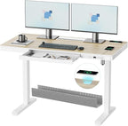 ERGO COLLECT Electric Standing Desk 48 Inch - One-Piece Desktop with Drawer, Cable Management, Wireless Charging & USB Port, Quiet Motor - for Home Office, Light Wood