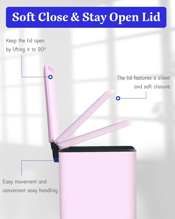 12 Gallon Slim Kitchen Trash Can, Stainless Steel Trash Can with Removal Inner Bucket and Soft-Close Lid, Pedal Garbage Can 45 Liter, Pink