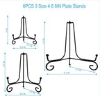 HENABLE 6PCS 3 Size Black Iron Plate Stands for Display - 4, 6, 8 Inch Decorative Metal Plate Holders - Mini Easel, Frame, Book, Card, Plaque, Bowl, Picture Display Stands