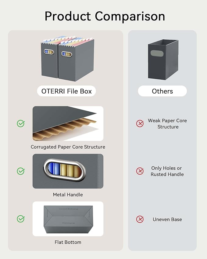 Oterri Cardboard File Organizer Box for Hanging File Folders Letter Size,File Box for Computer Desk,File Cabinet,Working Home,Office,Classroom (Dark Grey, Letter Size - 2 Packs)