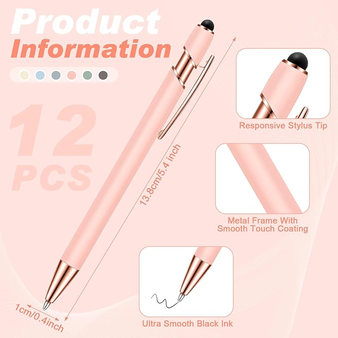 Tenare 12 Pieces 2 in 1 Stylus Metal Ballpoint Pen with Stylus Tip, 1.0 mm Black Ink Ballpoint Pen for Touch Screens(Morandi Color)