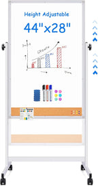 maxtek Rolling White Board, 44x28 Inches Magnetic Cork Board Combo, Portable Double-Sided Dry Erase Board on Wheels, Height Adjutable Easel Board for Home, School, Office