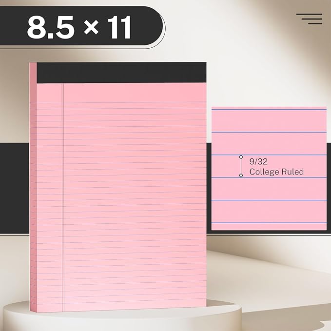 300 Sheets Pink Legal Pads 8.5 x 11 College Ruled Paper 6-Pack Note Pad Narrow Ruled 50 Sheets per Notepad Perforated Writing Pad Durable Sturdy Back 8x11 Pads of Paper