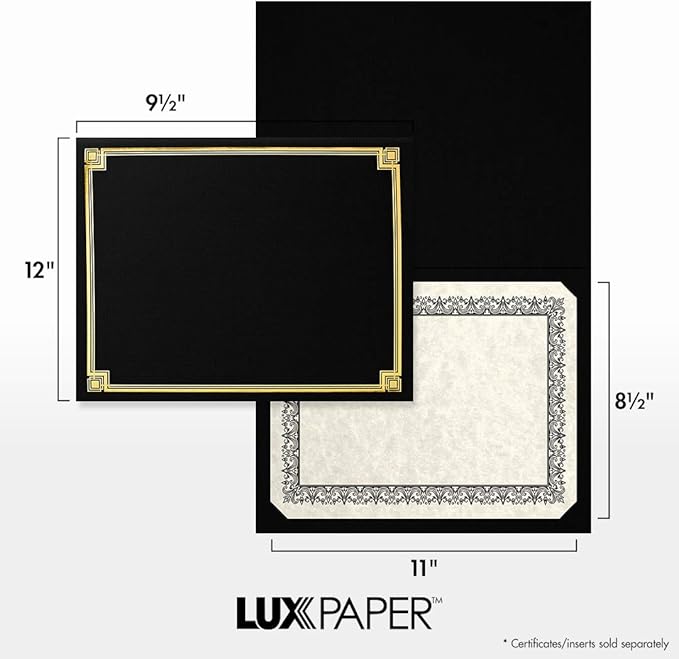 LUXPaper 9.5" x 12" Certificate Holders | Black Linen | Embossed Gold Foil Border | 100lb. Cover | 50 Qty