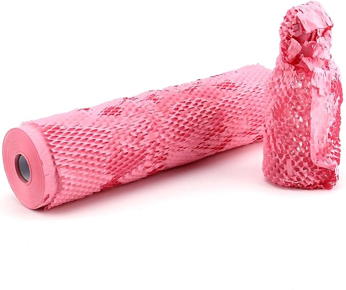 JAPCHET 15 In x 328 Ft Pink Honeycomb Packing Paper, Honeycomb Paper with Sticker Labels and 10 m Rope Honeycomb Wrap Roll for Packaging and Shipping